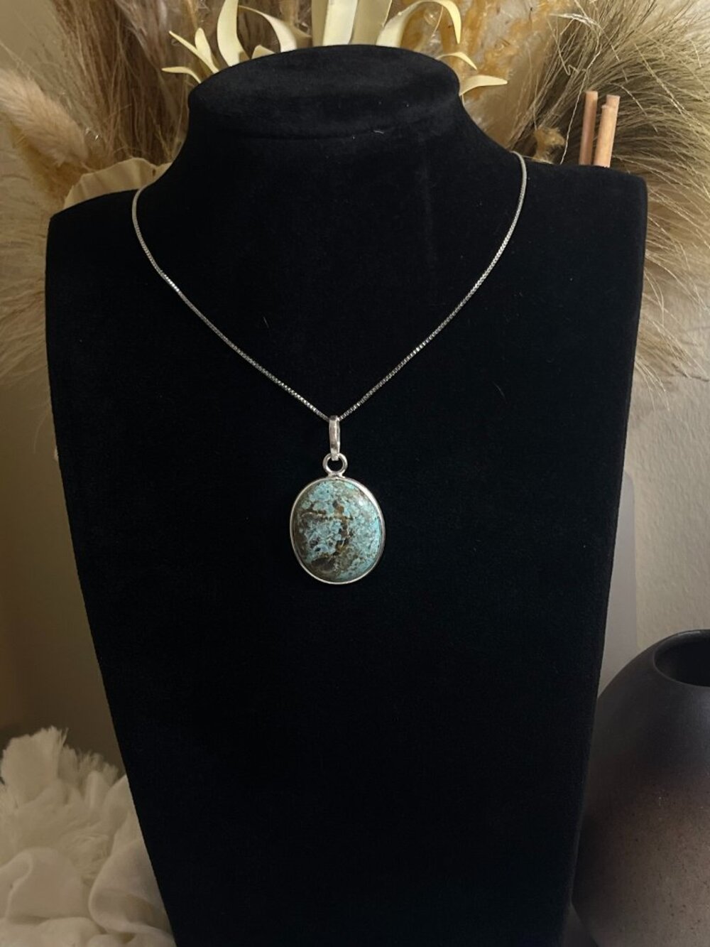 Genuine Tibetan Turquoise 925 Sterling Silver Oval Cabochon Pendant Necklace